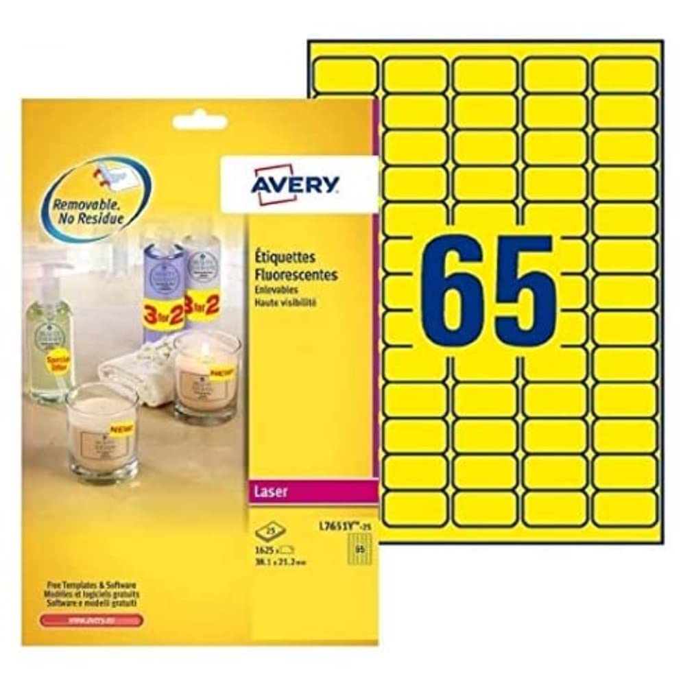 Avery L7651Y-25 Mini Etichette Fluorescenti, 65 Pezzi per Foglio, 25 Fogli, 38.1 x 21.2, Giallo