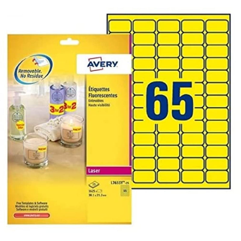 Avery L7651Y-25 Mini Etichette Fluorescenti, 65 Pezzi per Foglio, 25 Fogli, 38.1 x 21.2, Giallo