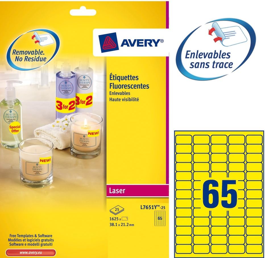 Avery L7651Y-25 Mini Etichette Fluorescenti, 65 Pezzi per Foglio, 25 Fogli, 38.1 x 21.2, Giallo