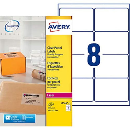 Avery Self Adhesive Clear Parcel Shipping Labels, Laser Printers, 8 Labels Per A4 Sheet, 200 labels, QuickPEEL (L7565), White