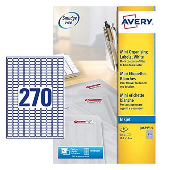 Avery J8659-25 Self-Adhesive Mini Filing Labels, 270 Labels Per A4 Sheet, White