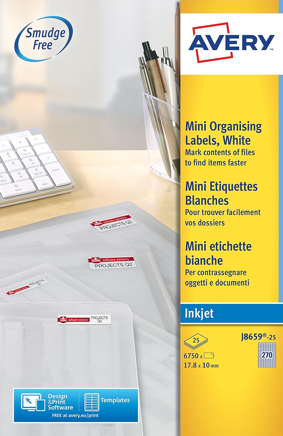 Avery J8659-25 Self-Adhesive Mini Filing Labels, 270 Labels Per A4 Sheet