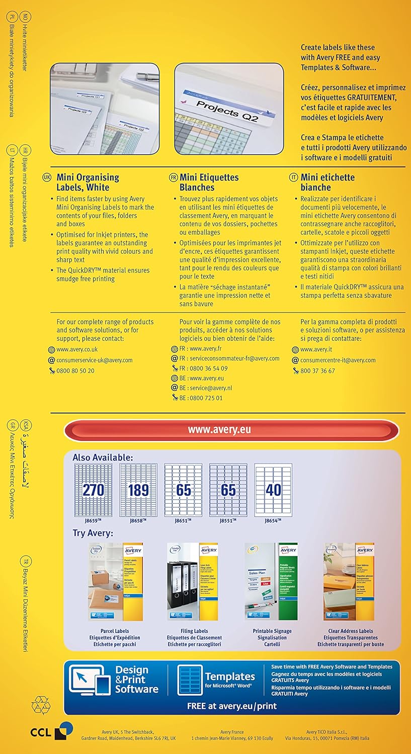 Avery J8659-25 Self-Adhesive Mini Filing Labels, 270 Labels Per A4 Sheet