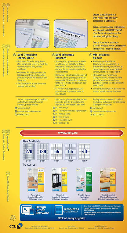 Avery J8659-25 Self-Adhesive Mini Filing Labels, 270 Labels Per A4 Sheet
