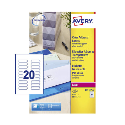 Avery Self Adhesive Clear Address Mailing Labels, Laser Printers, 20 Labels Per A4 Sheet, 500 labels, QuickPEEL (L7552