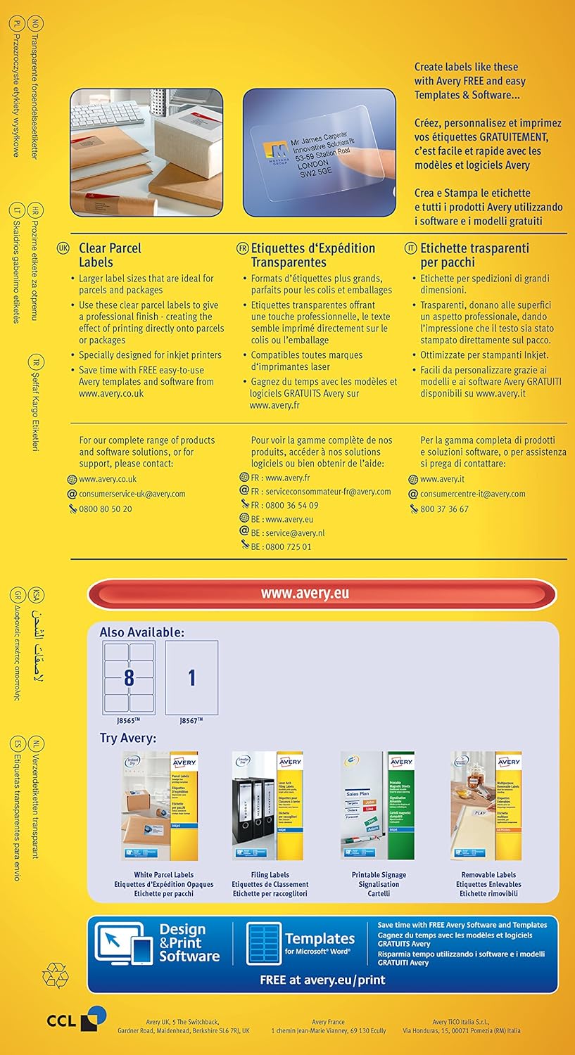Avery Self Adhesive Clear Parcel Address Labels, Inkjet Printers, 1 Label per A4 Sheet, 25 Labels, QuickDRY (J8567