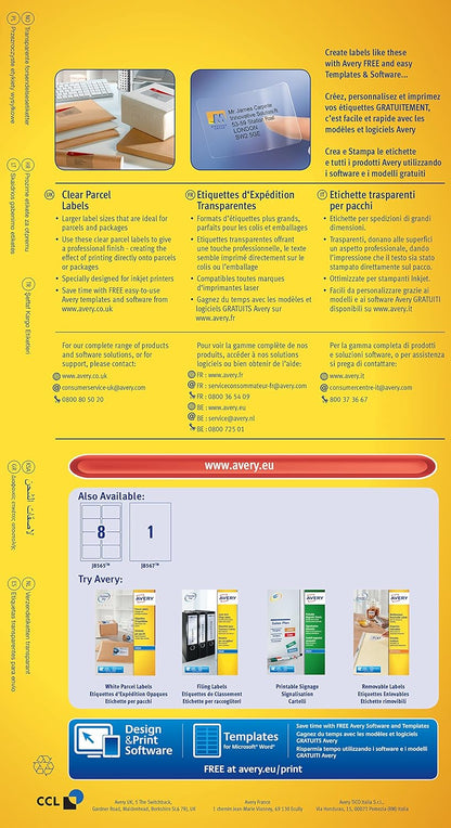 Avery Self Adhesive Clear Parcel Address Labels, Inkjet Printers, 1 Label per A4 Sheet, 25 Labels, QuickDRY (J8567