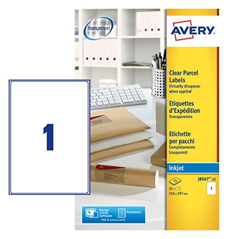 Avery Self Adhesive Clear Parcel Address Labels, Inkjet Printers, 1 Label per A4 Sheet, 25 Labels, QuickDRY (J8567