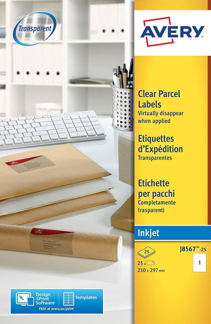 Avery Self Adhesive Clear Parcel Address Labels, Inkjet Printers, 1 Label per A4 Sheet, 25 Labels, QuickDRY (J8567