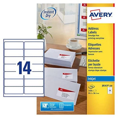 Avery Self Adhesive Address Mailing Labels, Inkjet Printers, 14 Labels Per A4 Sheet, 1400 labels, QuickDRY (J8163), White, 100 Sheets