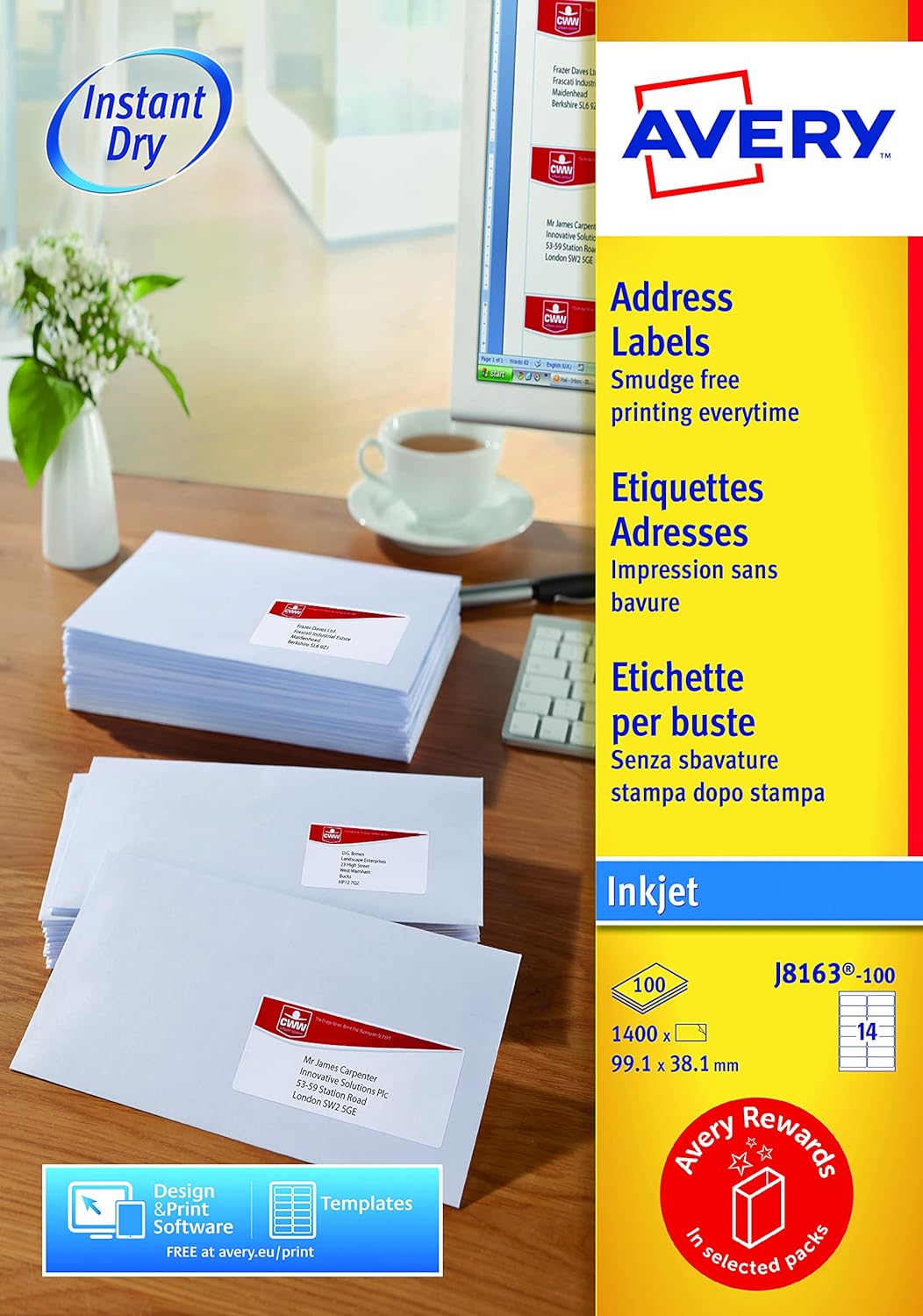 Avery Self Adhesive Address Mailing Labels, Inkjet Printers, 14 Labels Per A4 Sheet, 1400 labels, QuickDRY (J8163), White, 100 Sheets