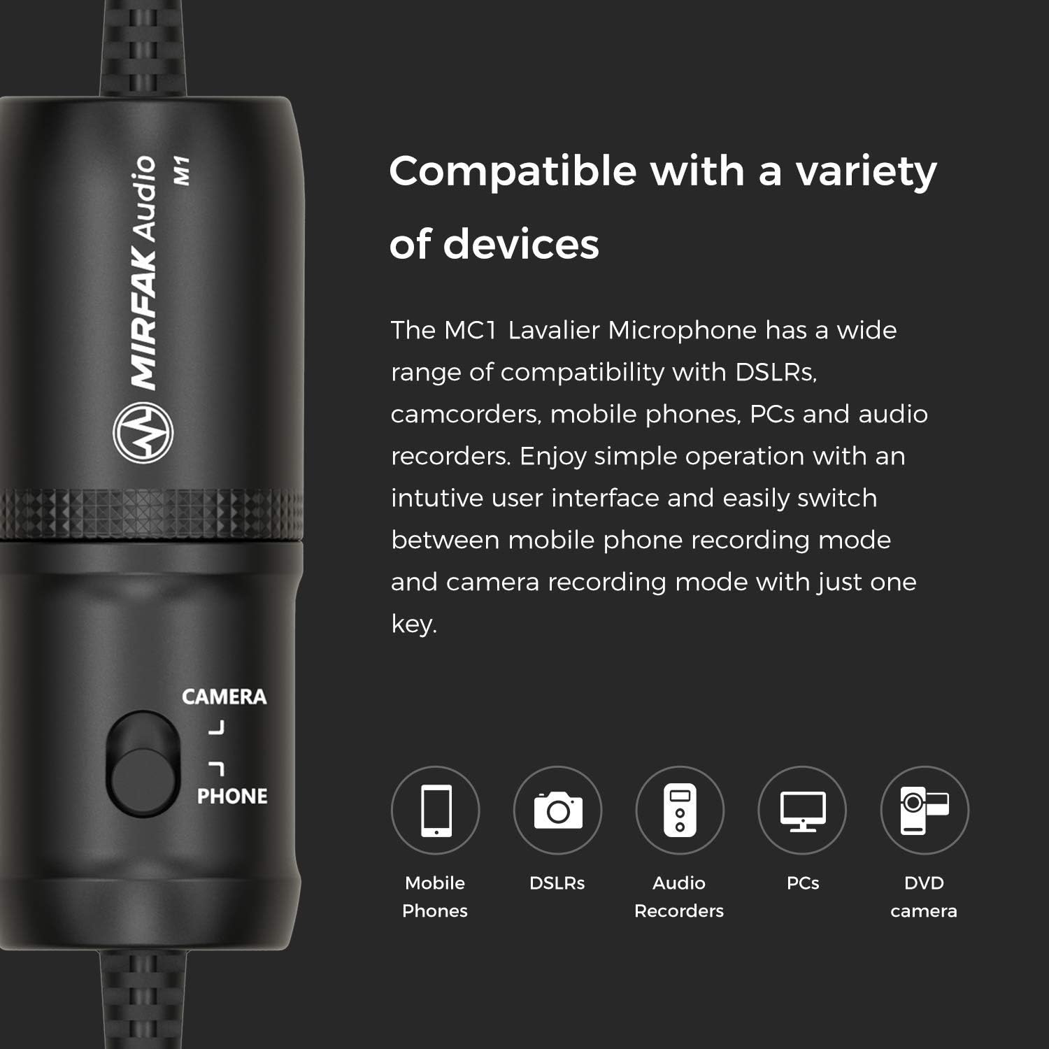 Mirfak Lavalier Microphone, Ideal Solution for Interview, Vlog, Live Stream, and Teaching, MC1