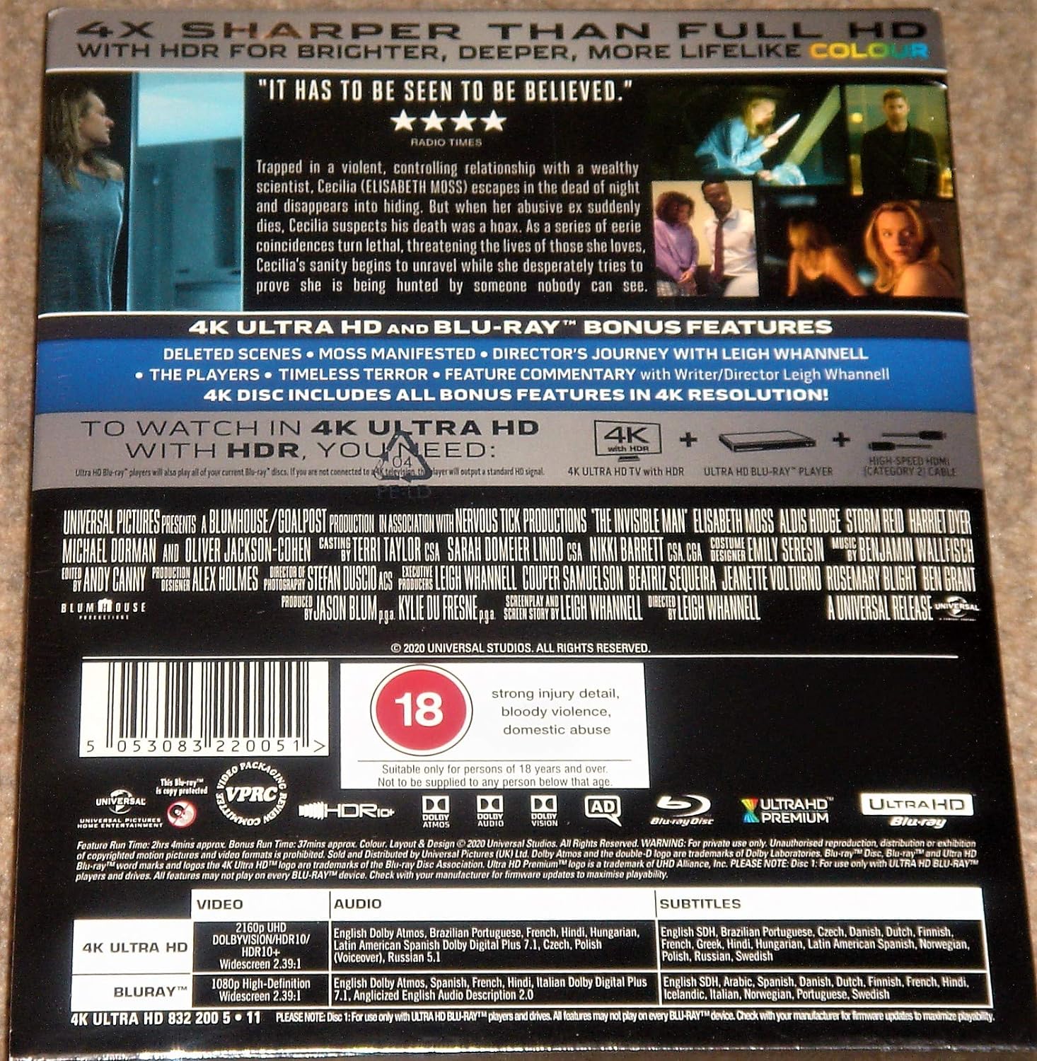 THE INVISIBLE MAN 4K ULTRA HD+BLU RAY COLLECTORS STEELBOOK / 4K HDR10+ & DOLBY VISION