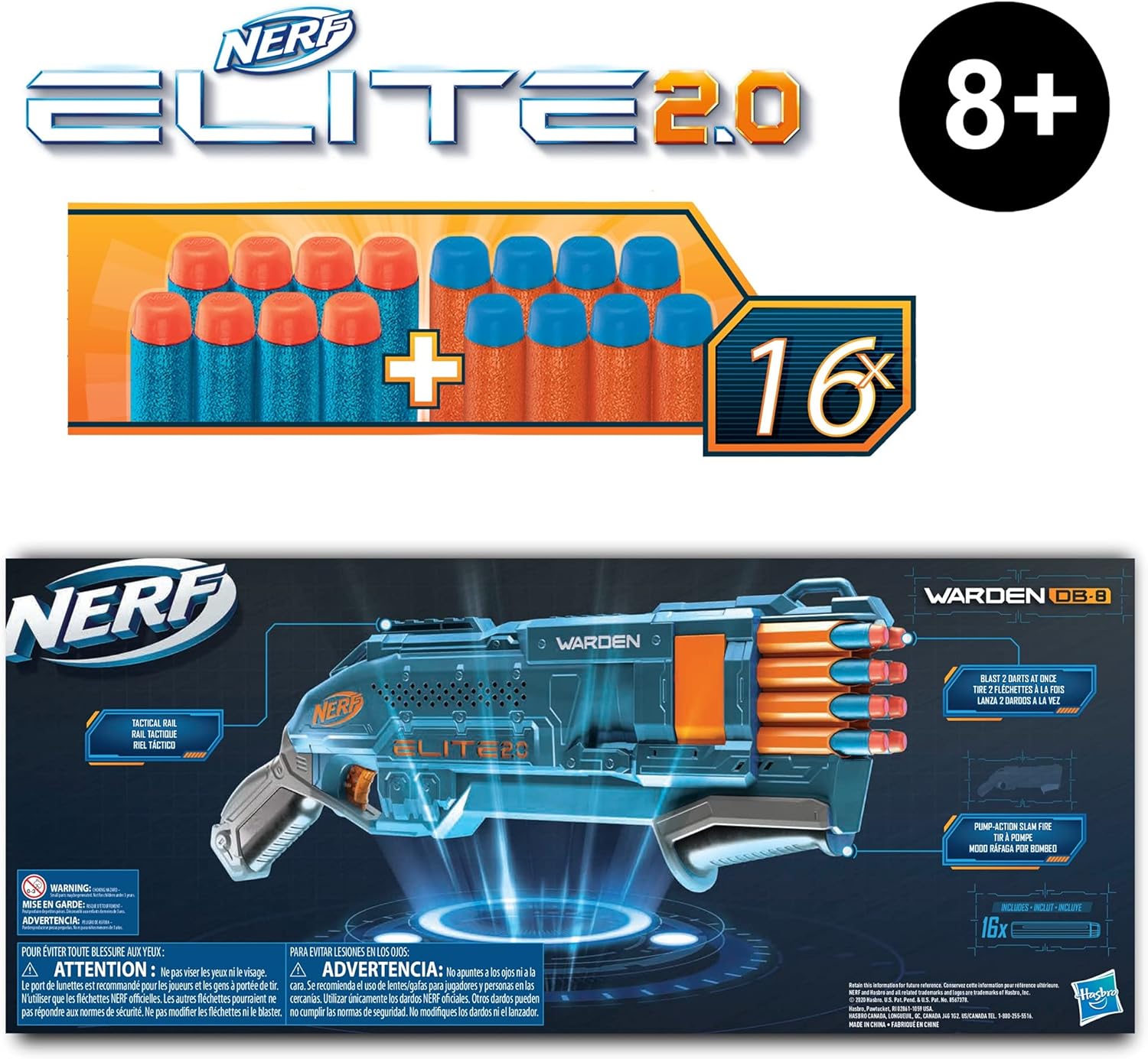 Nerf Elite 2.0 Warden DB-8 Blaster, 16 Official Nerf Darts, Blast 2 Darts At Once, Tactical Rail, Slam Fire