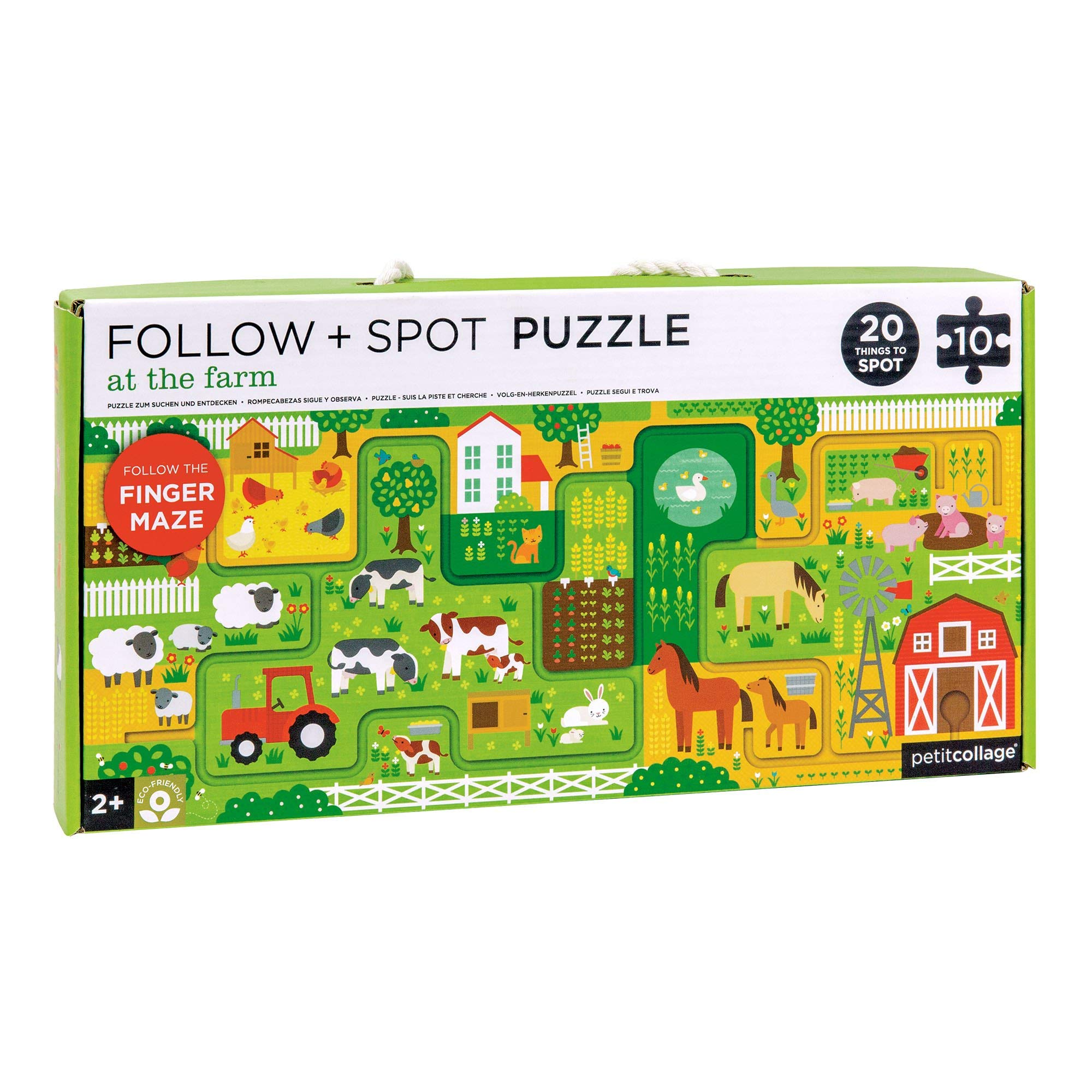 Petit Collage Follow + Spot Puzzle, At The Farm, 10-Pieces – Large Puzzle for Kids, Completed Educational Puzzle Measures 21”x 8.5” – Makes a Great Gift Idea for Ages 2+