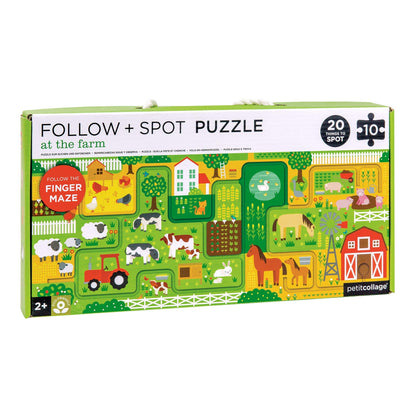 Petit Collage Follow + Spot Puzzle, At The Farm, 10-Pieces – Large Puzzle for Kids, Completed Educational Puzzle Measures 21”x 8.5” – Makes a Great Gift Idea for Ages 2+
