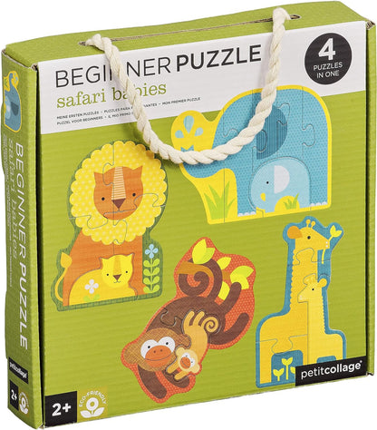 Petit Collage Beginner Puzzle for Kids, Safari Babies – Includes 4 Mini Puzzles (3-5 Pieces Each) – Cute Animal Puzzles for Ages 2+ – Makes a Great Gift Idea