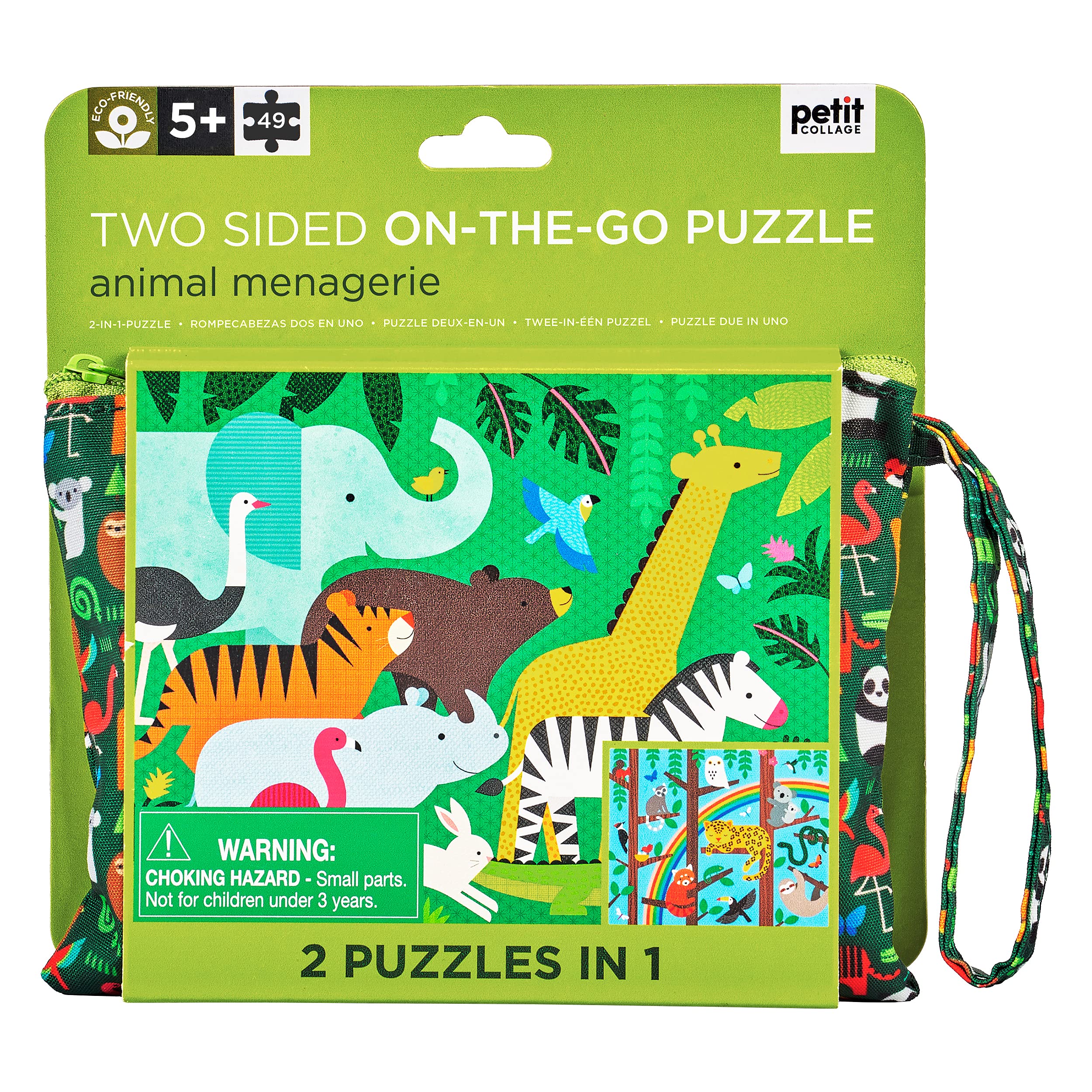 Petit Collage Two-Sided 49-Piece Puzzle for Kids, Animal Menagerie – On-The-Go Double-Sided Puzzle for Preschoolers, Made with Safe Materials, Ideal for Ages 5+