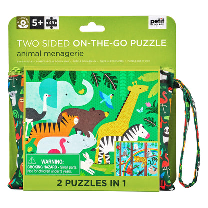 Petit Collage Two-Sided 49-Piece Puzzle for Kids, Animal Menagerie – On-The-Go Double-Sided Puzzle for Preschoolers, Made with Safe Materials, Ideal for Ages 5+