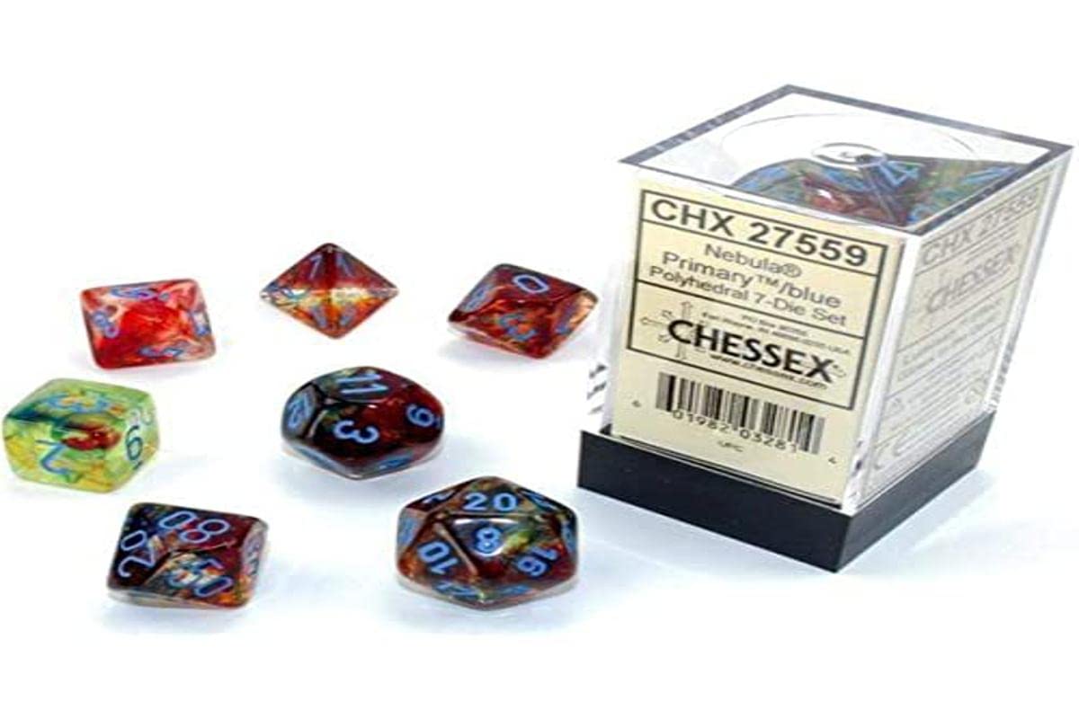Chessex Nebula Polyhedral Dice Set Primary with Blue Luminary (7 dice)