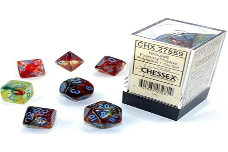 Chessex Nebula Polyhedral Dice Set Primary with Blue Luminary (7 dice)