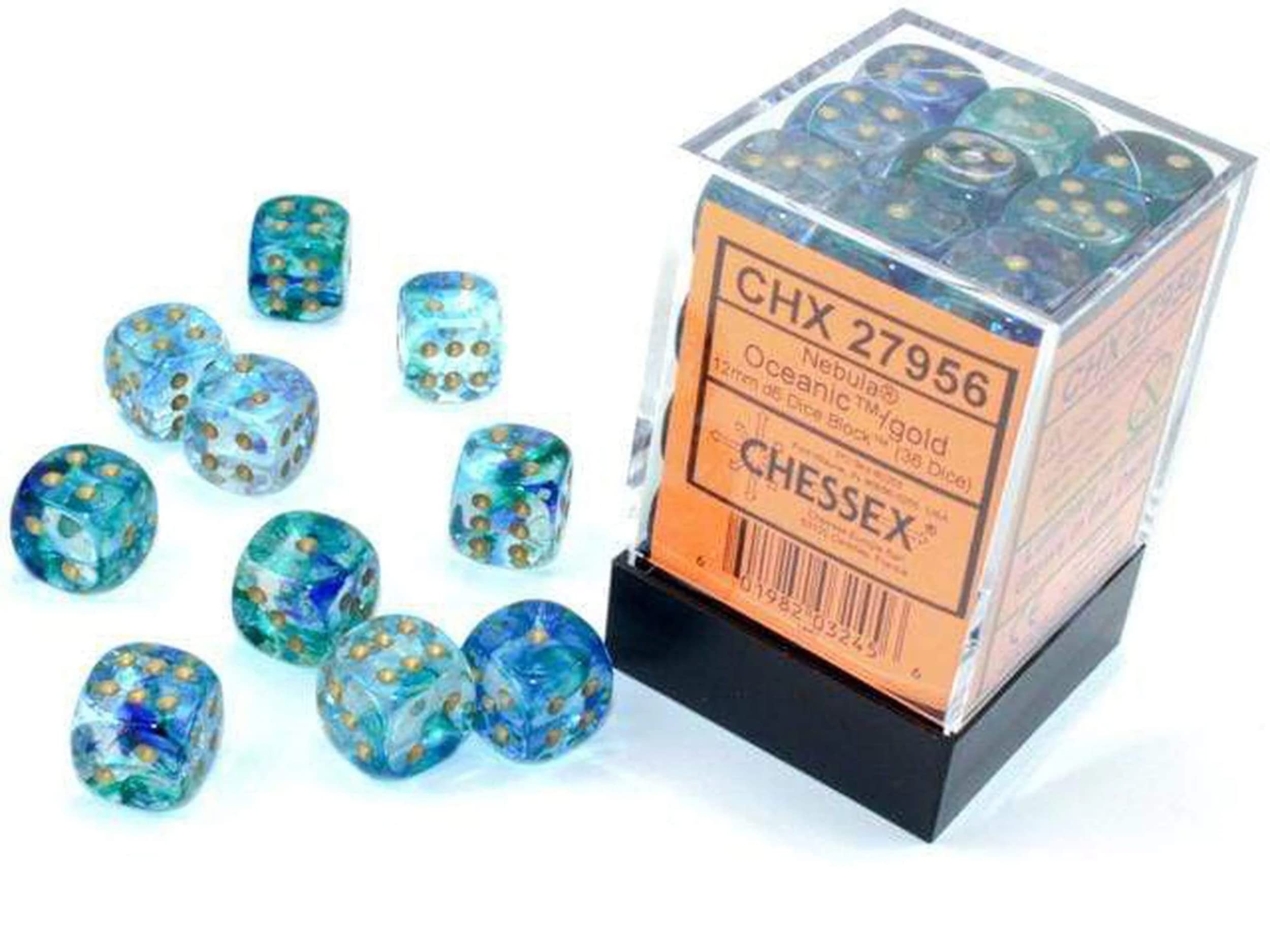 Chessex Nebula Dice Block 12mm d6 Oceanic with Gold Luminary (36 dice)