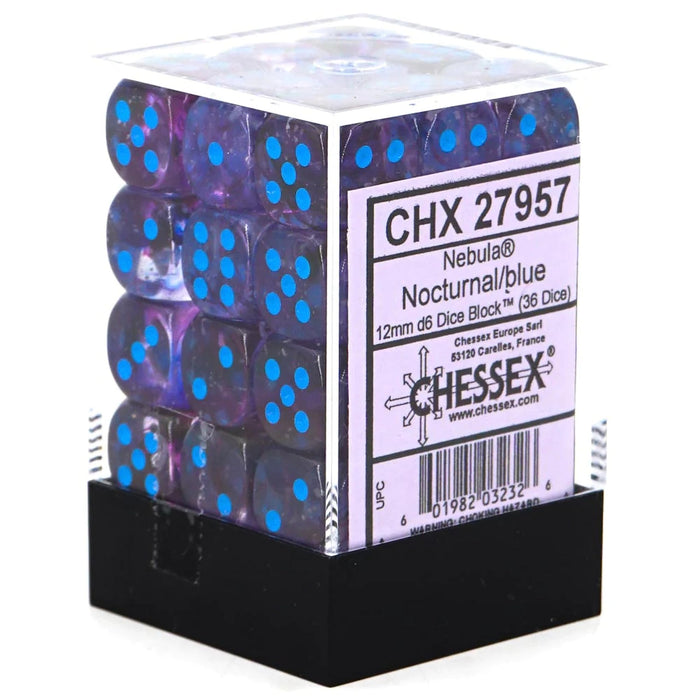 Chessex Nebula 12mm d6 Nocturnal/Blue w/Luminary Dice Block (36 dice