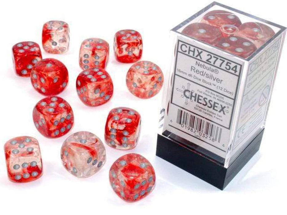 Chessex Nebula Dice Block 16mm d6 Red with Silver Luminary (12 dice