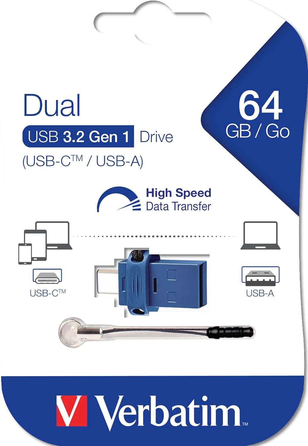 VERBATIM Store 'n' Go Dual Memoria USB I USB 3.2 Gen 1 y USB-C I 64GB I Memoria extraíble 2en1 I USB-C/USB-A I Memoria Externa para Smartphone, Laptop, Notebook y Co I Azul/Negro