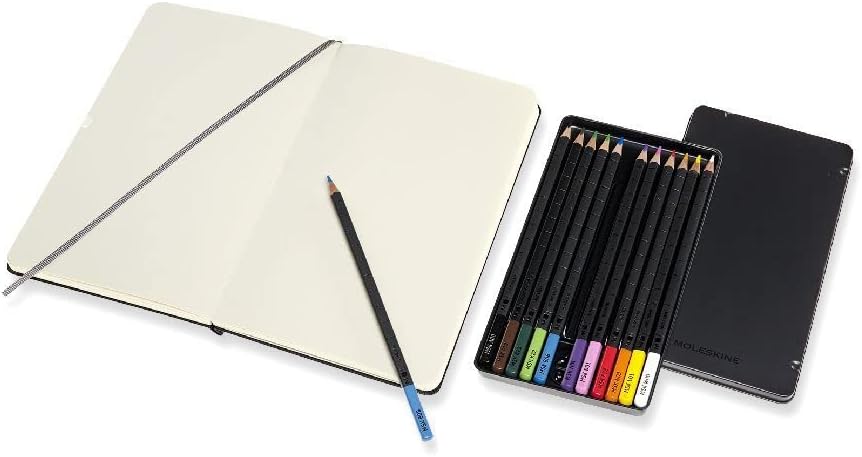 Moleskine - Drawing Kit - Notebook for Sketches and 12 Watercolor Pencils - Hard Cover Plain Paper Notebook, Size Large 13 x 21 cm + Watercolor Pencils in 12 Different Shades