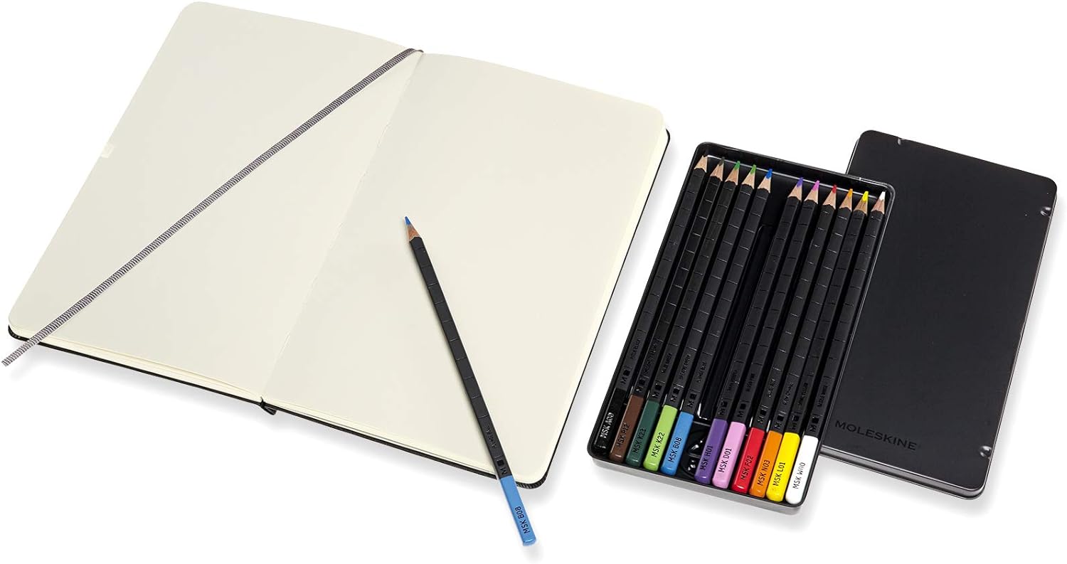 Moleskine - Drawing Kit - Notebook for Sketches and 12 Watercolor Pencils - Hard Cover Plain Paper Notebook, Size Large 13 x 21 cm + Watercolor Pencils in 12 Different Shades