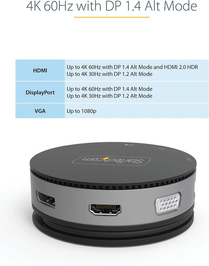 StarTech.com USB C Multiport Adapter - USB 3.1 Gen 2 10Gbps Type-C Mini Dock with 4K 60Hz HDMI/DisplayPort or 1080p VGA - 75W PD Passthrough, 3-Port USB Hub, GbE - Mobile Docking Station (DKT31CHDVCM)