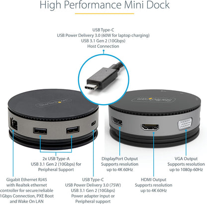 StarTech.com USB C Multiport Adapter - USB 3.1 Gen 2 10Gbps Type-C Mini Dock with 4K 60Hz HDMI/DisplayPort or 1080p VGA - 75W PD Passthrough, 3-Port USB Hub, GbE - Mobile Docking Station (DKT31CHDVCM)