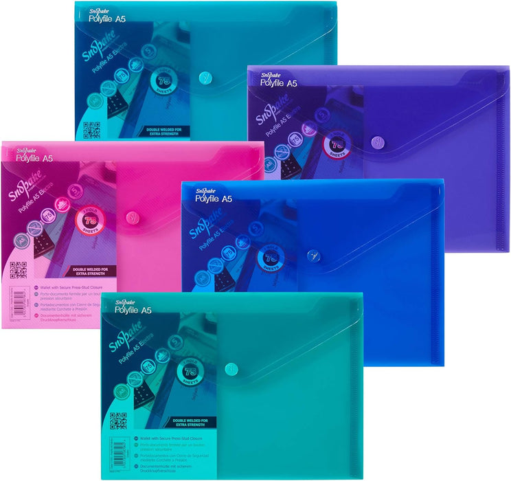 Snopake 11355 Polyfile A5 Popper Wallet File with Press Stud Electra Assorted Colours (Pack of 5