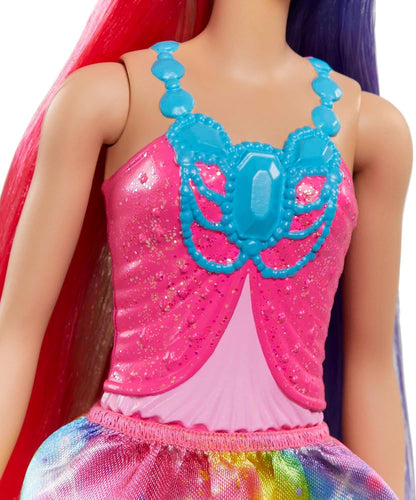 Barbie-Prinzessin Dreamtopia-Puppe mit rosa, lila und blondem Haar, Prinzessinnenrock, blauer Krone und Glitzertop, Bürste und Stylingzubehör, inkl. Barbie-Puppe, Geschenk für Kinder ab 3 Jahren.