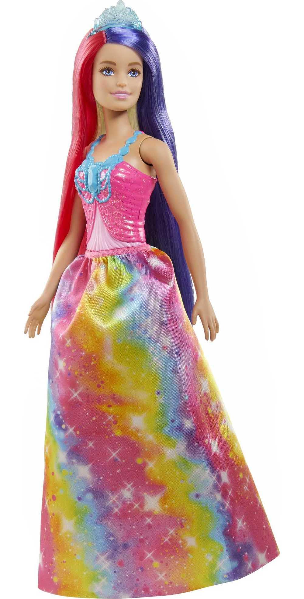 Barbie-Prinzessin Dreamtopia-Puppe mit rosa, lila und blondem Haar, Prinzessinnenrock, blauer Krone und Glitzertop, Bürste und Stylingzubehör, inkl. Barbie-Puppe, Geschenk für Kinder ab 3 Jahren.