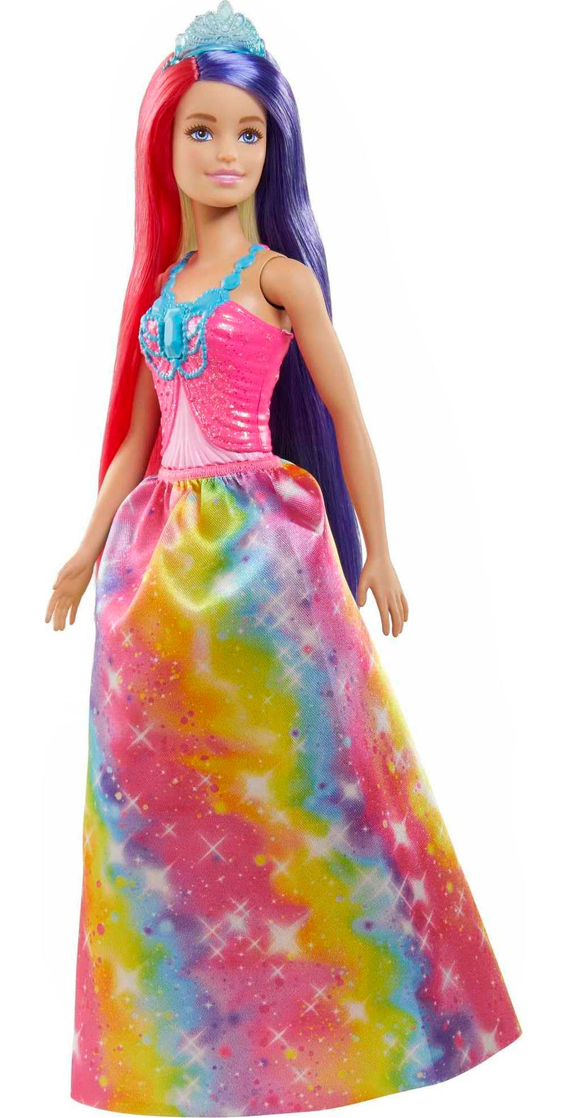 Barbie-Prinzessin Dreamtopia-Puppe mit rosa, lila und blondem Haar, Prinzessinnenrock, blauer Krone und Glitzertop, Bürste und Stylingzubehör, inkl. Barbie-Puppe, Geschenk für Kinder ab 3 Jahren.