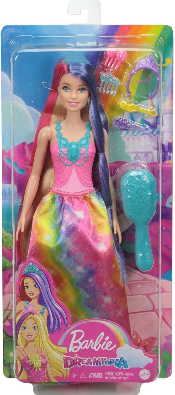 Barbie-Prinzessin Dreamtopia-Puppe mit rosa, lila und blondem Haar, Prinzessinnenrock, blauer Krone und Glitzertop, Bürste und Stylingzubehör, inkl. Barbie-Puppe, Geschenk für Kinder ab 3 Jahren.