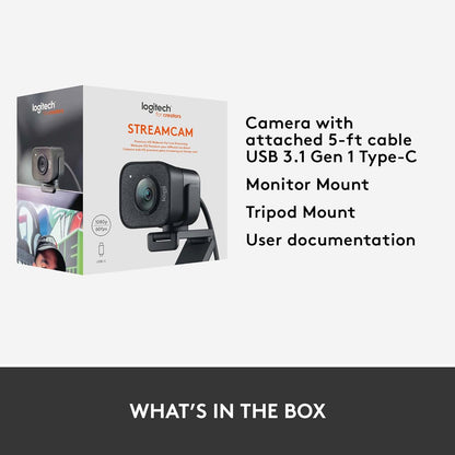 Logitech StreamCam – Live Streaming Webcam for Youtube and Twitch, Full 1080p HD 60fps, USB-C Connection, AI-enabled Facial Tracking, Auto Focus, Vertical Video - GRAPHITE