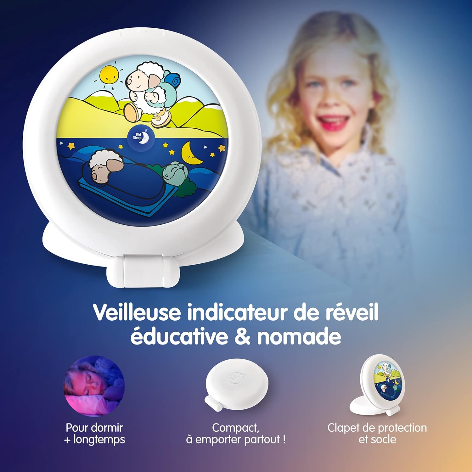 Pabobo - Kid Sleep Portable Educational Alarm Clock for Children - Day/Night - Luminous - Girl and Boy - Globetrotter - White