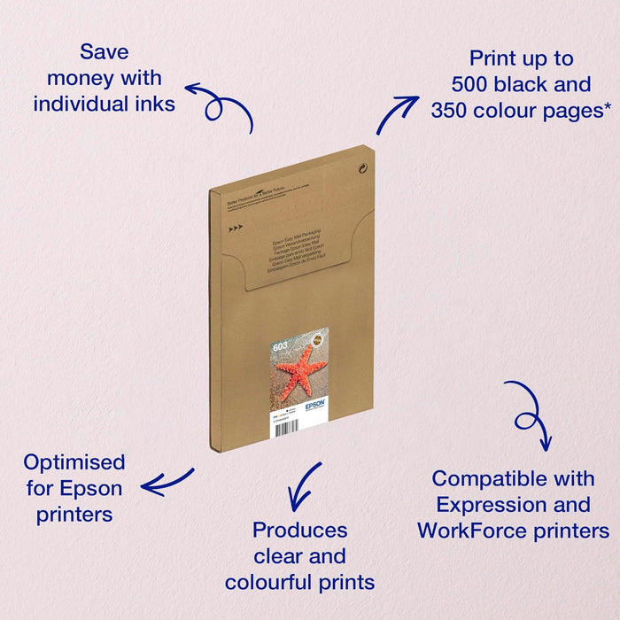 Epson 603 Starfish Genuine Multipack, Eco-Friendly Packaging, 4-Colours Ink Cartridges