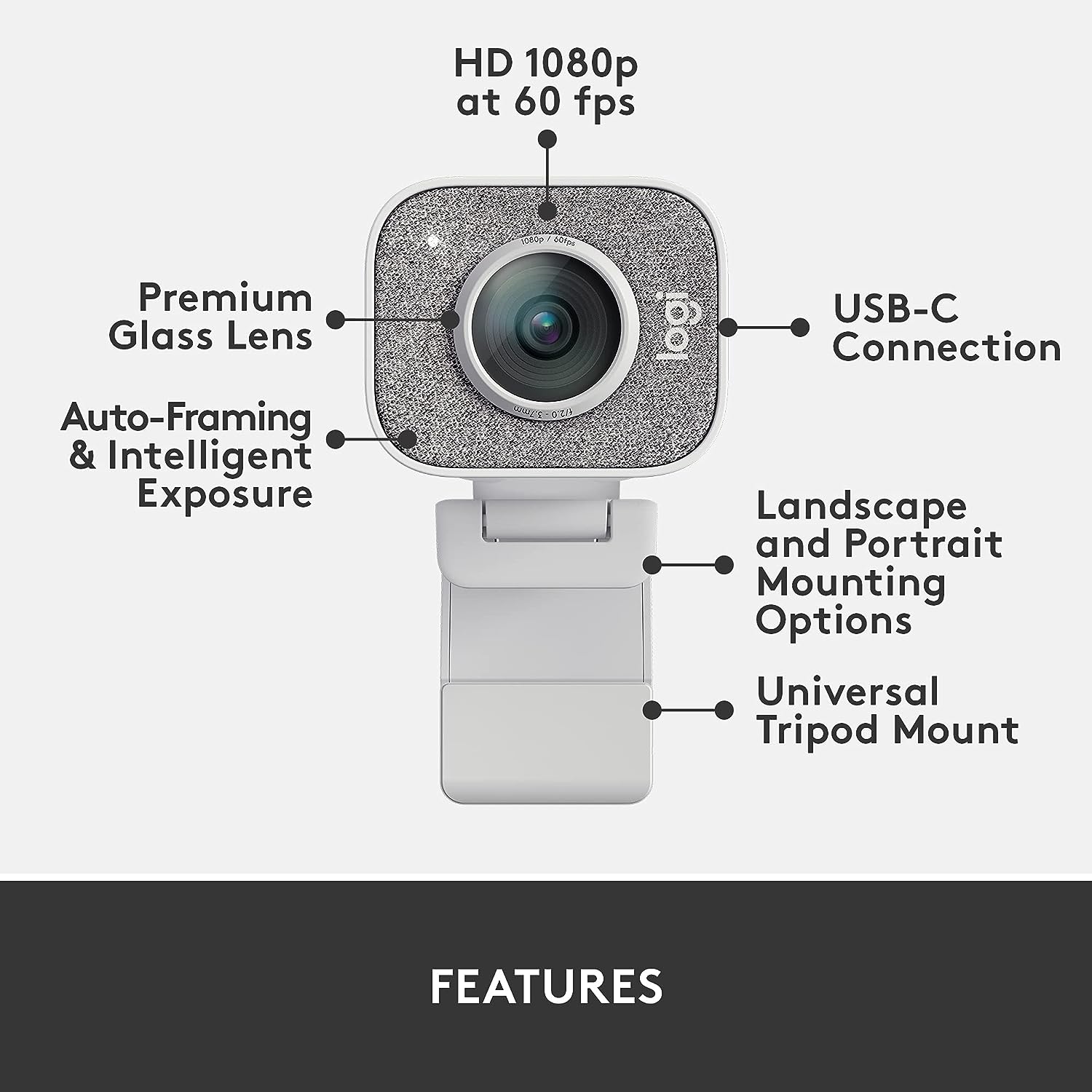Logitech StreamCam – Live Streaming Webcam for Youtube and Twitch, Full 1080p HD 60fps, USB-C Connection, AI-enabled Facial Tracking, Auto Focus, Vertical Video - OFF WHITE