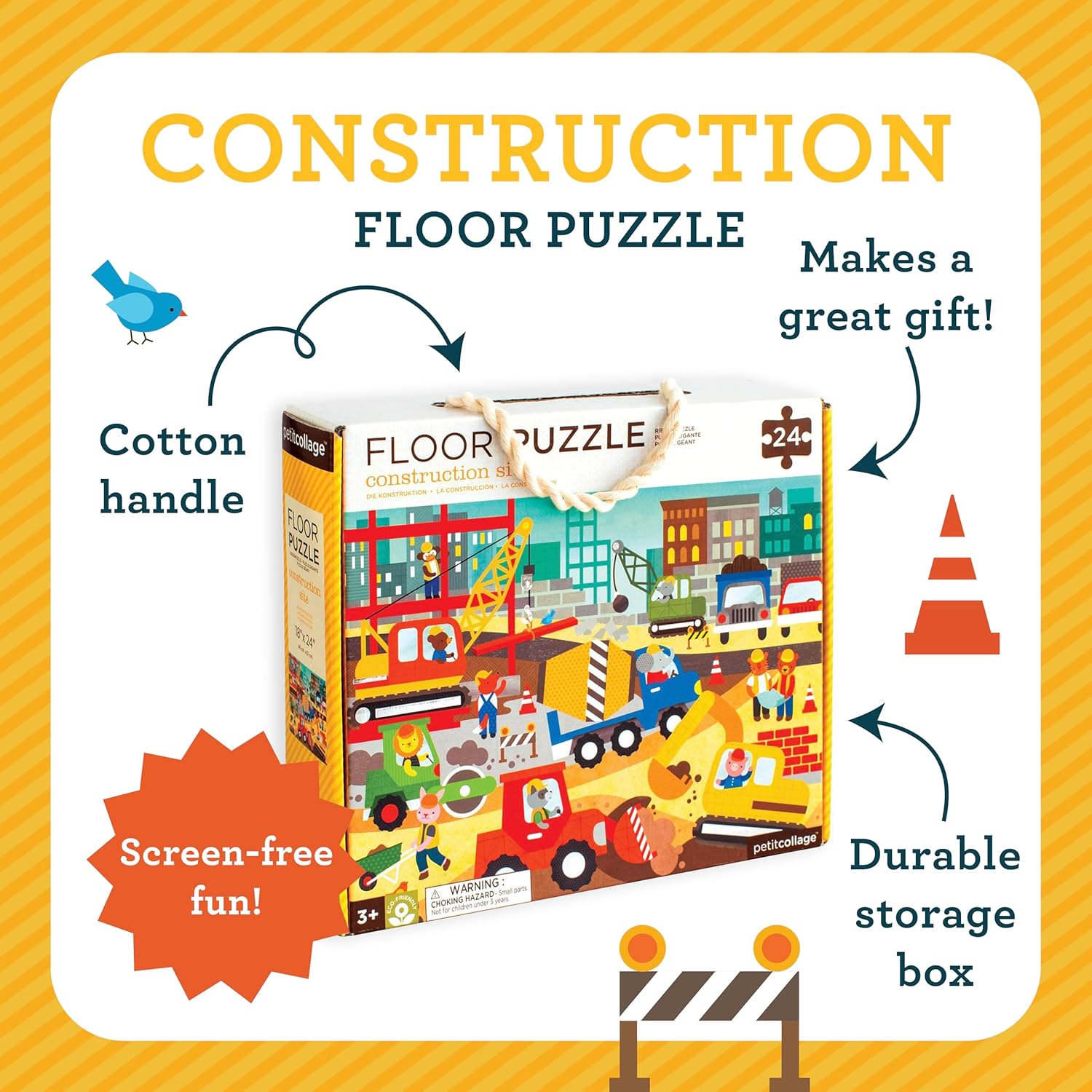 Petit Collage Floor Puzzle, Construction Site, 24-Pieces – Large Puzzle for Kids, Completed Construction Jigsaw Puzzle Measures 18” x 24” – Makes a Great Gift Idea for Ages 3+ Floor Puz Construction S