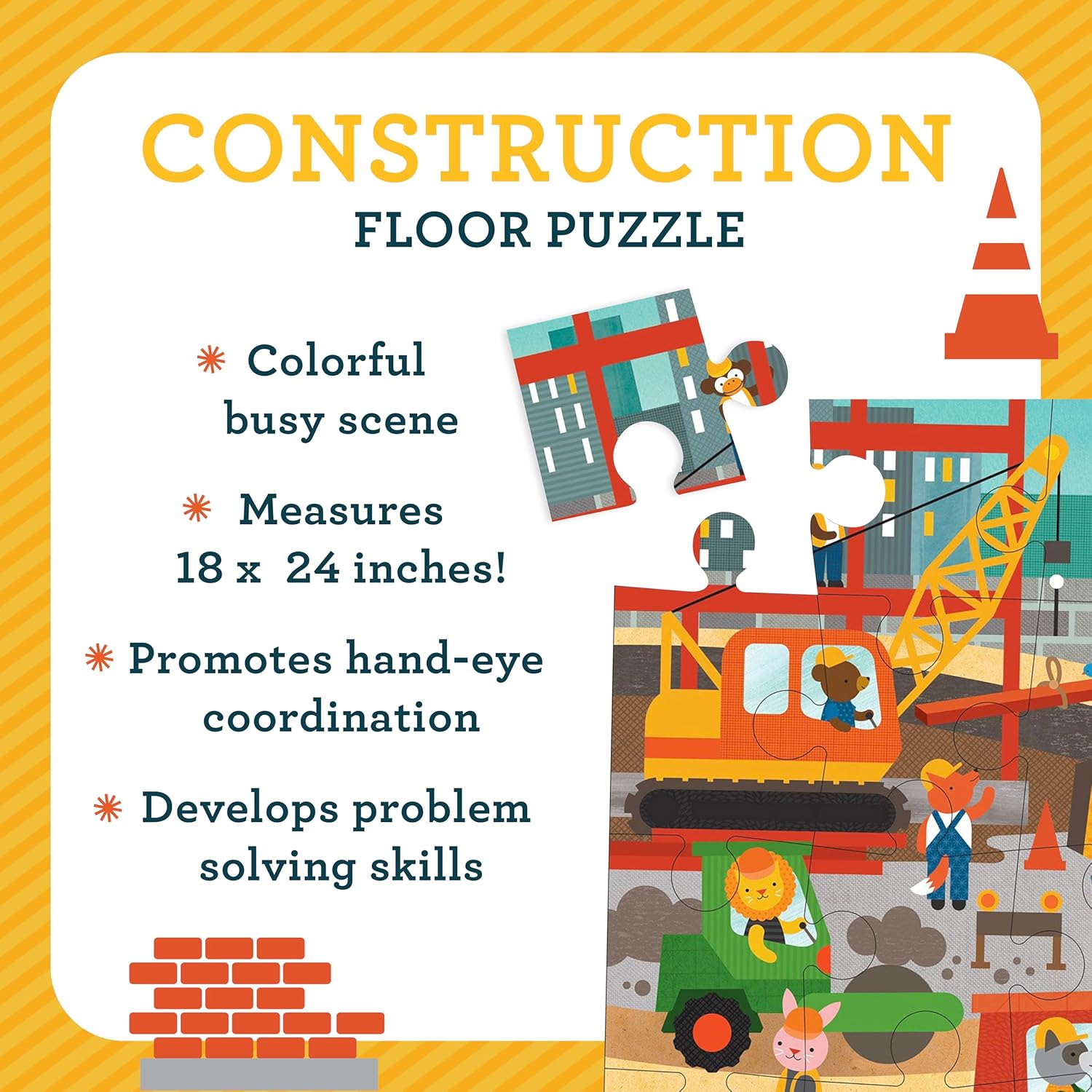 Petit Collage Floor Puzzle, Construction Site, 24-Pieces – Large Puzzle for Kids, Completed Construction Jigsaw Puzzle Measures 18” x 24” – Makes a Great Gift Idea for Ages 3+ Floor Puz Construction S