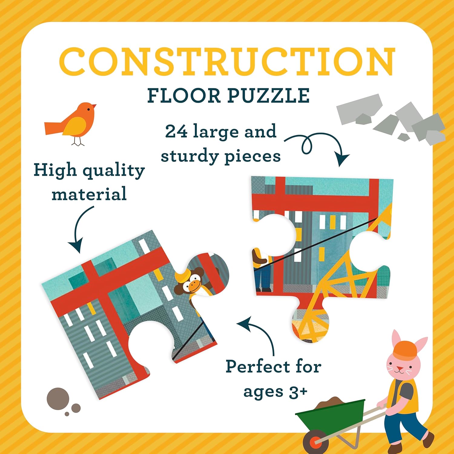 Petit Collage Floor Puzzle, Construction Site, 24-Pieces – Large Puzzle for Kids, Completed Construction Jigsaw Puzzle Measures 18” x 24” – Makes a Great Gift Idea for Ages 3+ Floor Puz Construction S