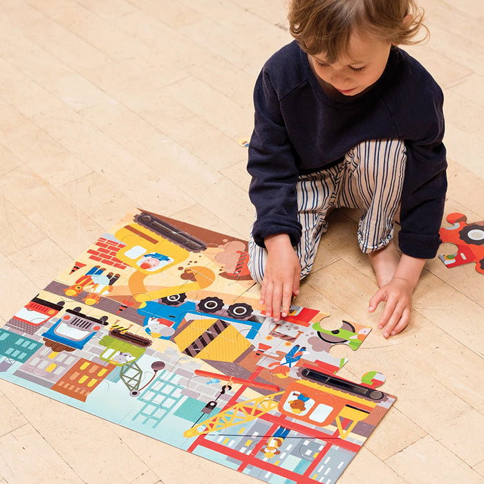 Petit Collage Floor Puzzle, Construction Site, 24-Pieces – Large Puzzle for Kids, Completed Construction Jigsaw Puzzle Measures 18” x 24” – Makes a Great Gift Idea for Ages 3+
