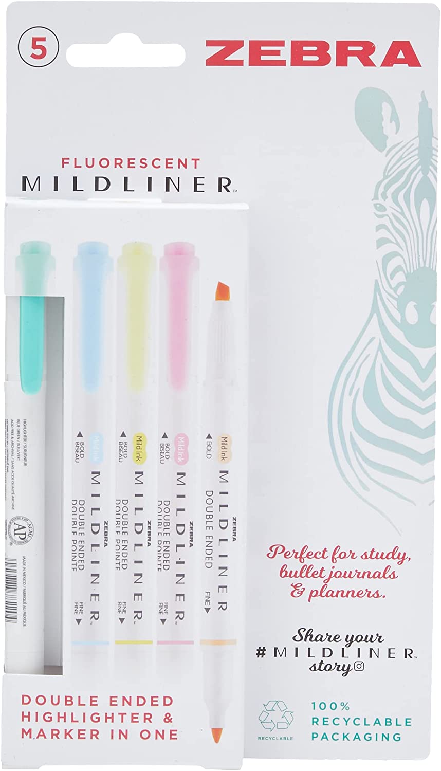 Zebra Fluorescent Mildliner Assorted 5pk (Blue, Yellow, Pink, Orange, Blue & Green