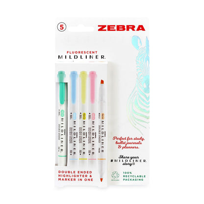Zebra Fluorescent Mildliner Assorted 5pk (Blue, Yellow, Pink, Orange, Blue & Green