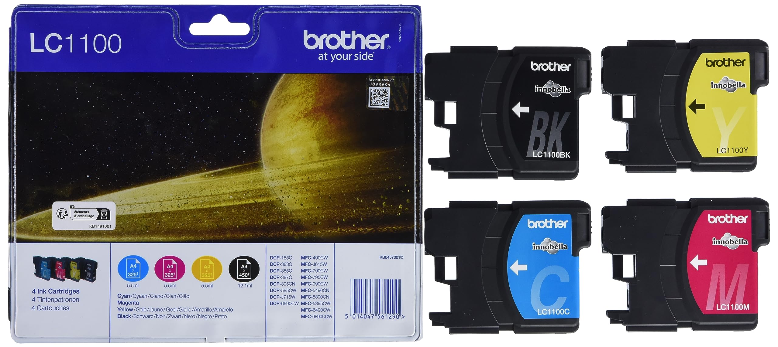 Brother LC-1100BK/LC-1100C/LC-1100M/LC-1100Y Inkjet Cartridges, Black/Cyan/Magenta/Yellow, Multi-Pack, Standard Yield, Includes 4 x Inkjet Cartridges, Brother Genuine Supplies