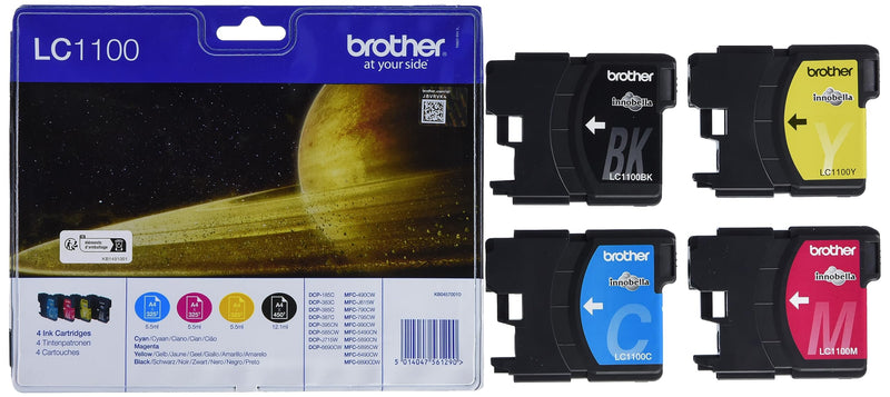 Brother LC-1100BK/LC-1100C/LC-1100M/LC-1100Y Inkjet Cartridges, Black/Cyan/Magenta/Yellow, Multi-Pack, Standard Yield, Includes 4 x Inkjet Cartridges, Brother Genuine Supplies